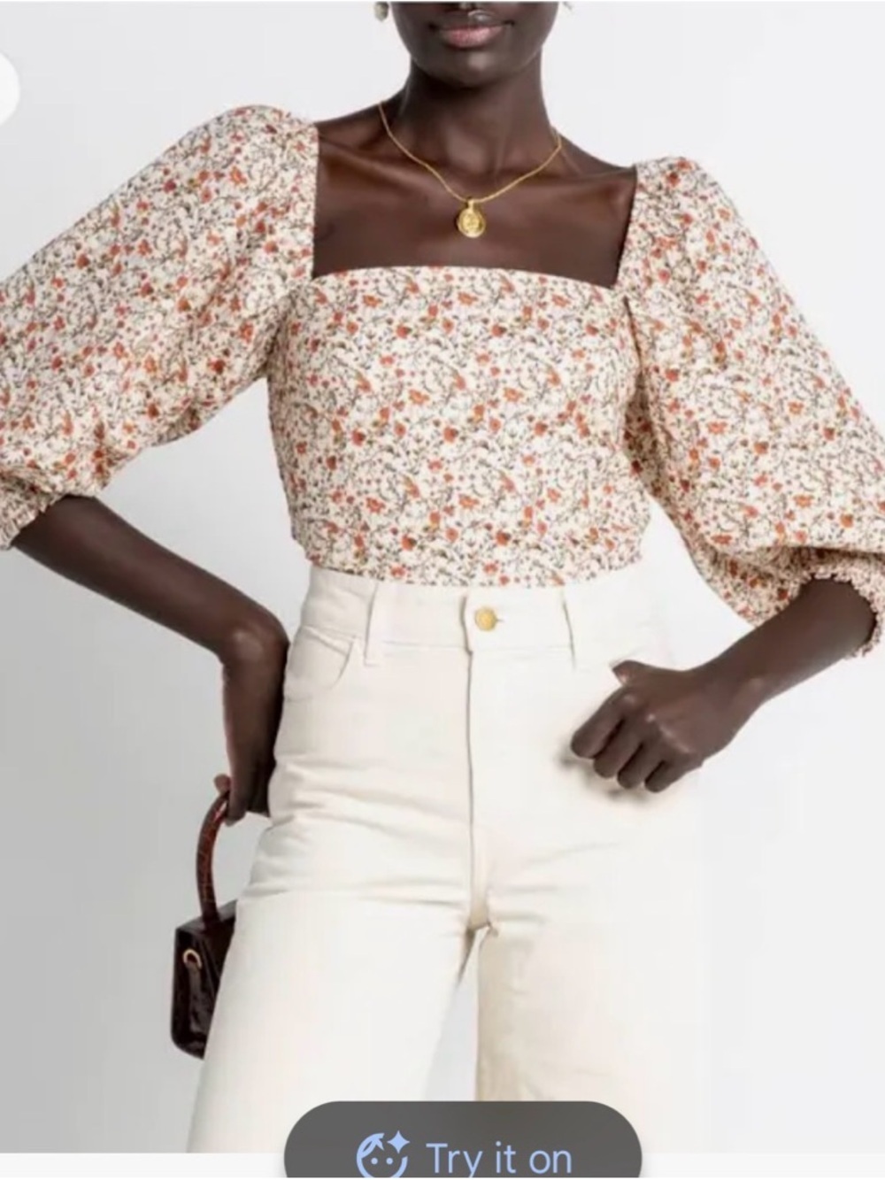 Smocked Square-Neck Puff Sleeve Blouse in Cream Floral